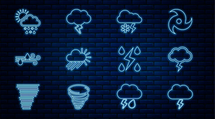 Sticker - Set line Storm, Cloud with snow and lightning, Cloudy rain sun, Wind, snow, rain,, and icon. Vector