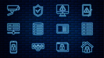Poster - Set line House under protection, Server, Data, Web Hosting, Monitor with exclamation mark, Security camera, Safe and Shield check icon. Vector