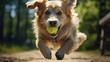 A funny dog ​​is running after a tennis ball on the background of a park.
