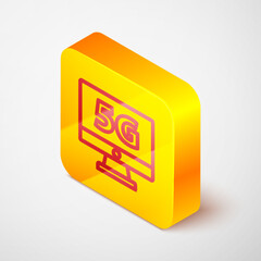 Poster - isometric line monitor with 5g new wireless internet wifi icon isolated on grey background. global n