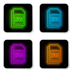 Poster - Glowing neon line 5G Sim Card icon isolated on white background. Mobile and wireless communication technologies. Network chip electronic connection. Black square button. Vector
