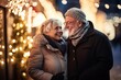A loving elderly couple, enjoying the festive winter holidays together in the city, embodying togetherness and tradition.