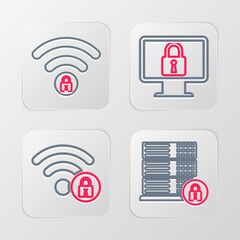 Poster - set line server security with lock, wifi locked, lock on monitor and icon. vector