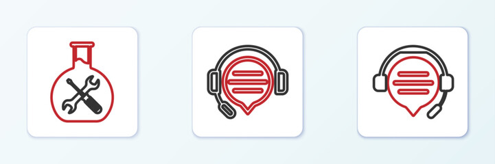 Poster - set line headphones with speech bubble chat, bioengineering service and icon. vector