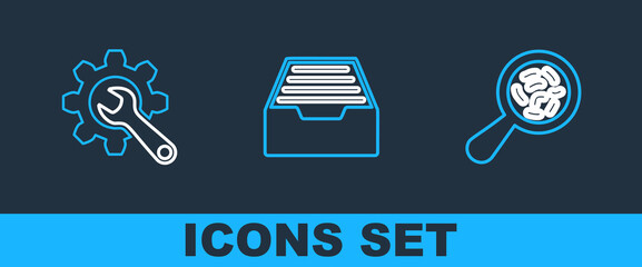 Poster - set line microorganisms under magnifier, wrench and gear and drawer with documents icon. vector