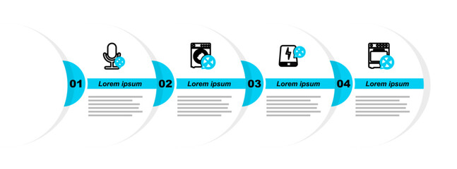 Poster - Set line Oven service, Power bank, Washer and Microphone icon. Vector
