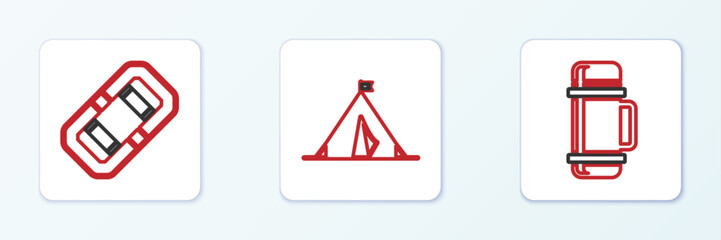 Poster - Set line Thermos container, Rafting boat and Tourist tent with flag icon. Vector