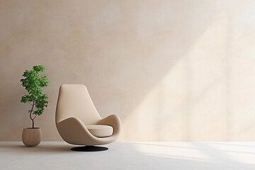 Wall Mural - Futuristic chair stands near empty wall, beautiful light from window. Minimalistic beige living room interior for mockups.