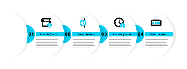 Poster - Set line Digital alarm clock, Clock 24 hours, Wrist watch and Calendar with check mark icon. Vector
