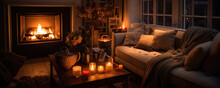Cozy living room with soft candlelight and a warm fireplace