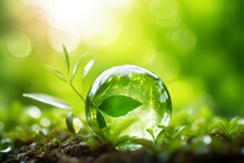 Glass Ball With Green Plant Growing In The Ground. Environment Concept. Green Eco Concept With Leaves In Glass Sphere On Green Background. 3D Rendering