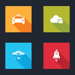 Poster - Set Taxi car, Cloud mail server, UFO abducts cow and Rocket ship with fire icon. Vector