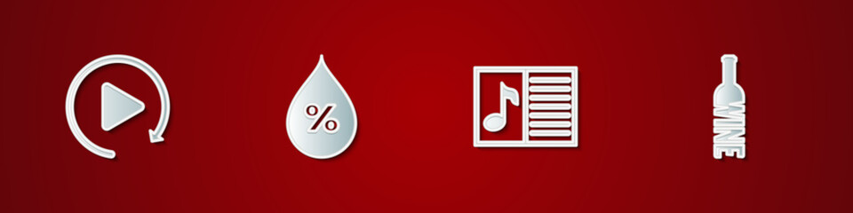 Sticker - Set Video play button, Water drop percentage, Music book with note and Bottle of wine icon. Vector