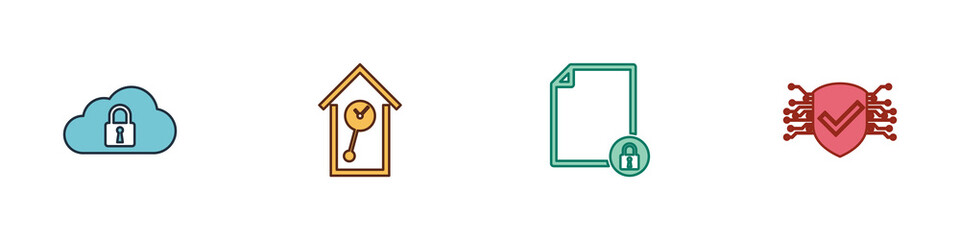 Poster - Set Cloud computing lock, Retro wall watch, Document and and Cyber security icon. Vector