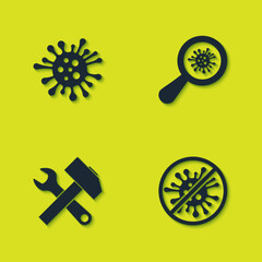 Poster - set bacteria, stop virus, bacteria, crossed hammer and wrench and microorganisms under magnifier ico