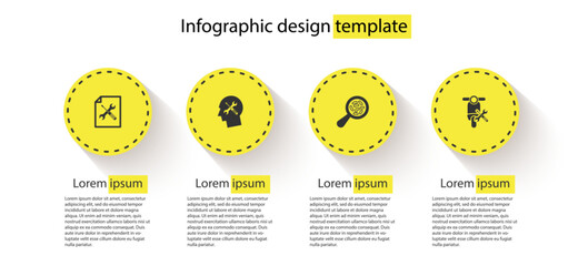 Poster - set file document service, human head, microorganisms under magnifier and scooter. business infograp