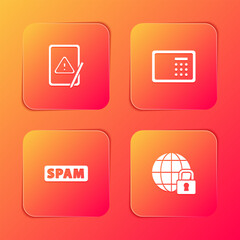 Poster - Set Tablet with exclamation mark, Safe, Spam and Global lockdown icon. Vector