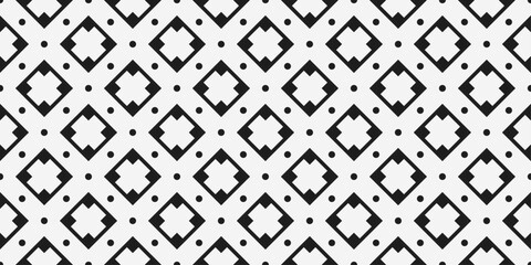 Poster - Diagonal rhombuses with crosses inside them. There are dots between the diamonds. Vector monochrome pattern of geometric repeating shapes.