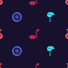 Poster - Set Bicycle helmet, wheel, pedal and Unicycle or one bicycle on seamless pattern. Vector