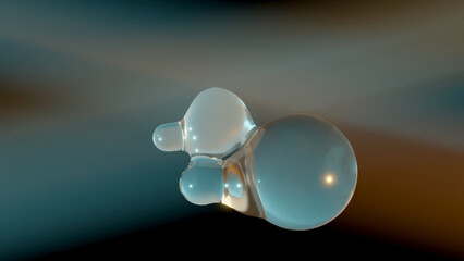 Poster - 3d rendering. Abstract 3d illustration of transparent liquid droplets in zero gravity. The drops merge and shine in the rays of light. 3d background, abstraction.