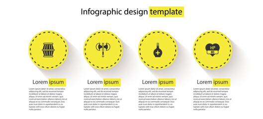 Poster - Set Gun powder barrel, Medieval poleaxe, Bottle with potion and Video game. Business infographic template. Vector