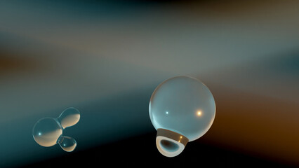 Poster - 3d rendering. Abstract 3d illustration of transparent liquid droplets in zero gravity. The drops merge and shine in the rays of light. 3d background, abstraction.