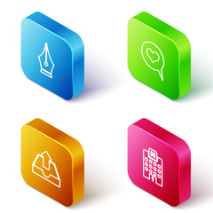 Poster - Set Isometric line Fountain pen nib, Heart speech bubble, Upload inbox and Medical hospital building icon. Vector