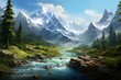 Serene waterway flows amidst lush valley surrounded by towering peaks. Generative AI