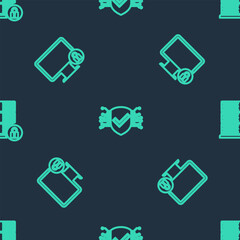 Poster - Set line Cyber security, Lock on monitor and Server with lock on seamless pattern. Vector