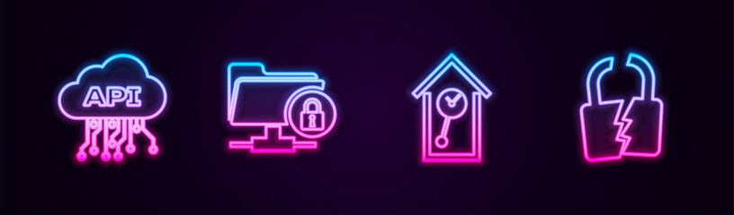 Poster - Set line Cloud api interface, FTP folder and lock, Retro wall watch and Broken or cracked. Glowing neon icon. Vector
