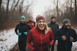 Group of friends participating in a fun and spirited winter run