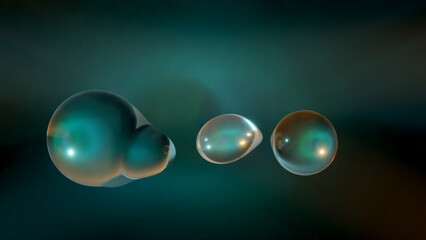 Poster - 3d rendering. Abstract 3d illustration of transparent liquid droplets in zero gravity. The drops merge and shine in the rays of light. 3d background, abstraction.
