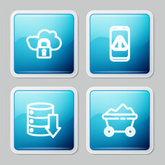 Poster - Set line Cloud computing lock, Mobile with exclamation mark, Server, Data, Web Hosting and Coal mine trolley icon. Vector