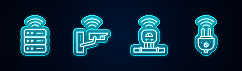Poster - set line smart server, security camera, sensor and electric plug. glowing neon icon. vector