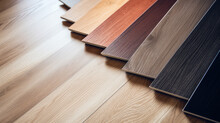Wood Laminate Floor Square Samples, Vinyl Tile. Assortment Of Parquet Or Laminate Floor Samples In Natural Colors. Oak Wooden Background. 