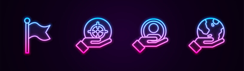 Wall Mural - Set line Flag, Target, Hand for search people and holding Earth globe. Glowing neon icon. Vector