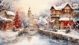 Fototapeta Do pokoju - a watercolor illustration of Christmas village with a water flowing through a pathway Generative AI