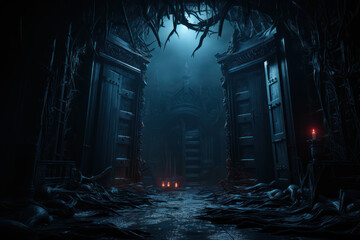 Wall Mural - a spooky spiderweb-covered doorway leading into a dimly lit haunted house attraction. generative ai.