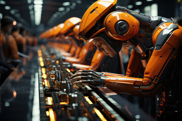 Poster - A futuristic automated assembly line with robots efficiently manufacturing products. Generative Ai.