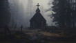 Una iglesia abandonada y en ruinas con una cruz, rodeada de un bosque oscuro y brumoso, atmósfera inquietante.