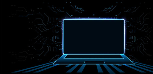 Poster - Portable neon computer with a blank screen and a desk in a dark room with blue lighting. Vector illustration Technological background with a laptop. 