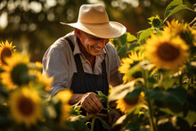 Smiling Gardener Tending To A Sunflower Garden