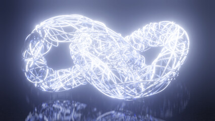 Poster - 3d rendering. Abstract 3d illustration of a multitude of glowing neon threads tied in knots on a black background. Abstract 3d desktop picture.