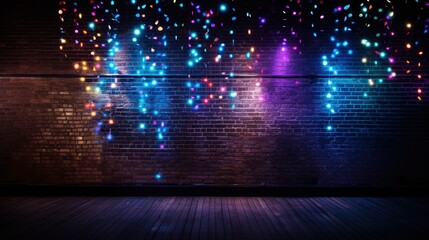 Wall Mural - dark brick wall multi-colored lights and confetti, festive background, noen light. generation ai