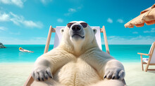 Polar Bear In Sunglasses In A Sun Lounger Resting On A Tropical Beach.