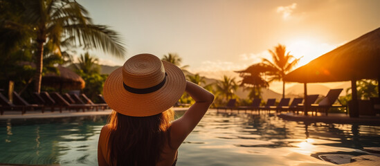 Wall Mural - Young woman traveler relaxing and enjoying the sunset by a tropical resort pool while traveling for summer vacation,