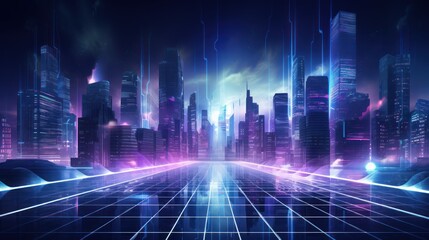 Wall Mural - Neon infused abstract background with technology particles, capturing the essence of a futuristic, cyberpunk inspired cityscape