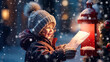 Joyful child sending a letter to Santa, eagerly throwing it into the mailbox surrounded by snowflakes