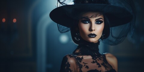 fantasy gothic woman dark witch. Black-haired evil Girl demon in black dress. Long hair flutters in black top hat,  Dark dense deep autumn scary indoor castle background. Medieval dress, silk clothes