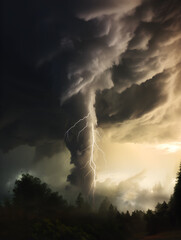 Wall Mural - tornado picture with lightning and dramatic lighting, bad weather, natural catastrophy, rain, storm 